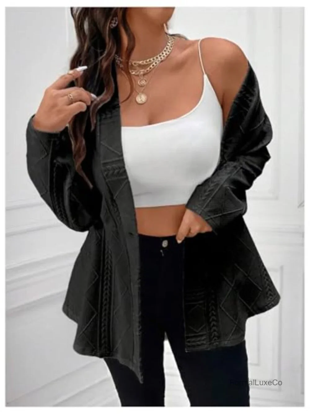 Plus Size Textured Button Down Blazer Ruffle Hem Jacket